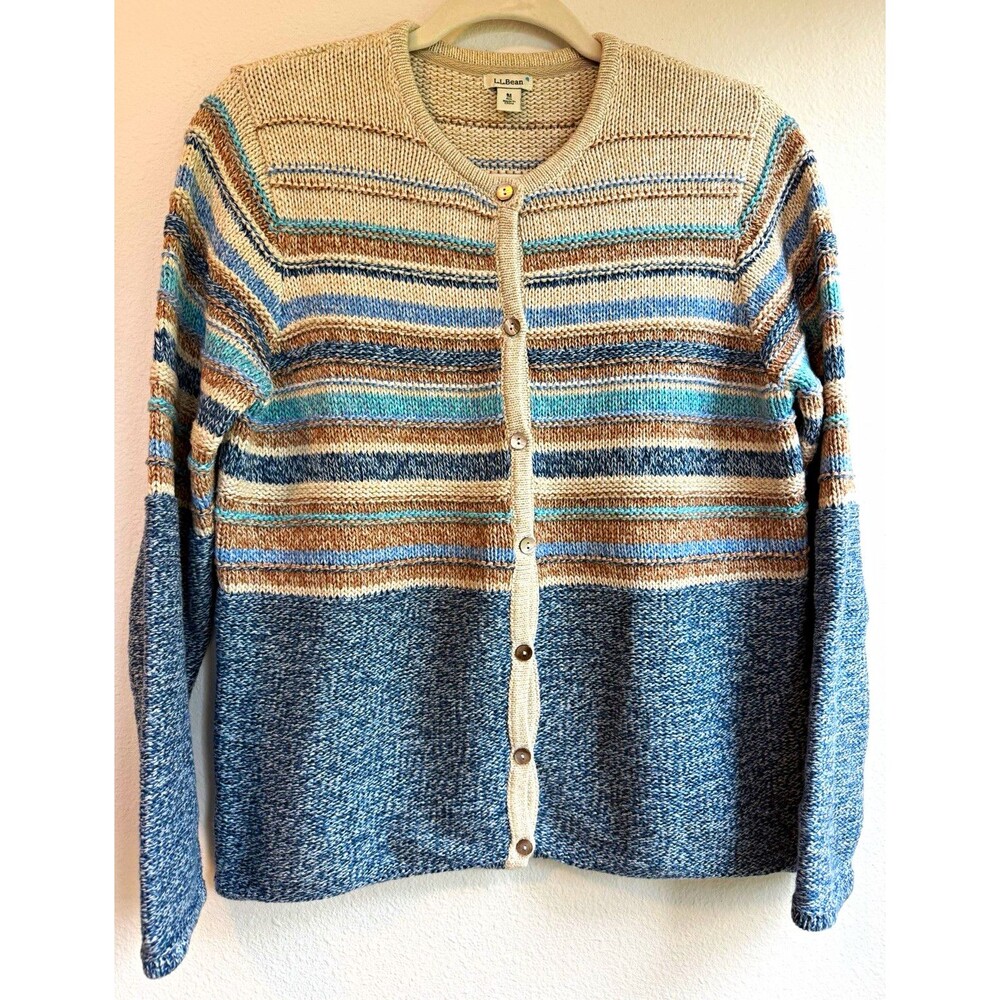 L.L.Bean Women’s Medium 100% Cotton Striped Cardigan Sweater Blue Tan